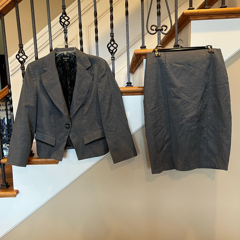 Bebe Gray Blazer and Skirt Set with black lace accents both size 10